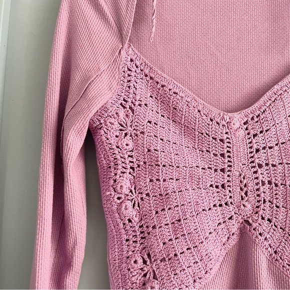 NWOT Free People Long Sleeve Waffle Knit Top with Crochet Detailing - Picture 3 of 7